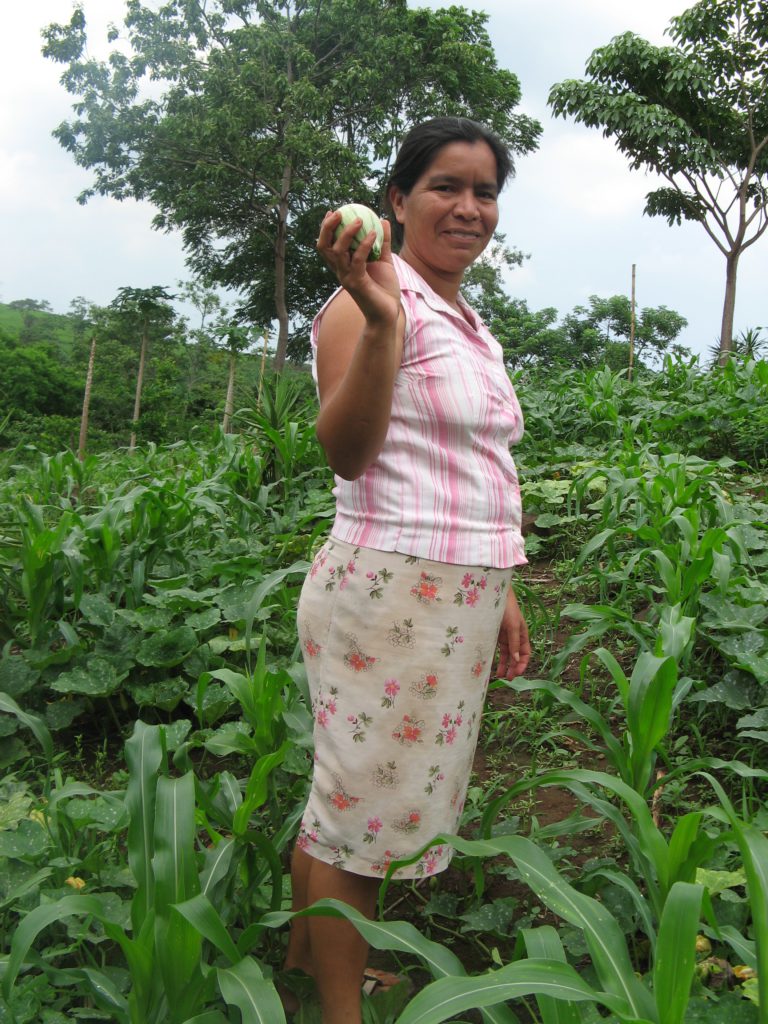 Rosa Idalia showing her farm to the Jesuit Development Service