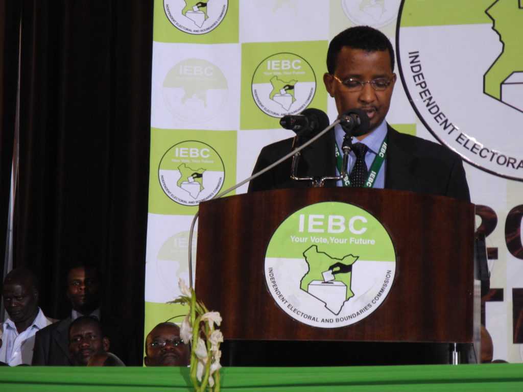 Chairman of the Independent Electoral and Boundaries Commission, IEBC, Isaack Hassan, announces the results.