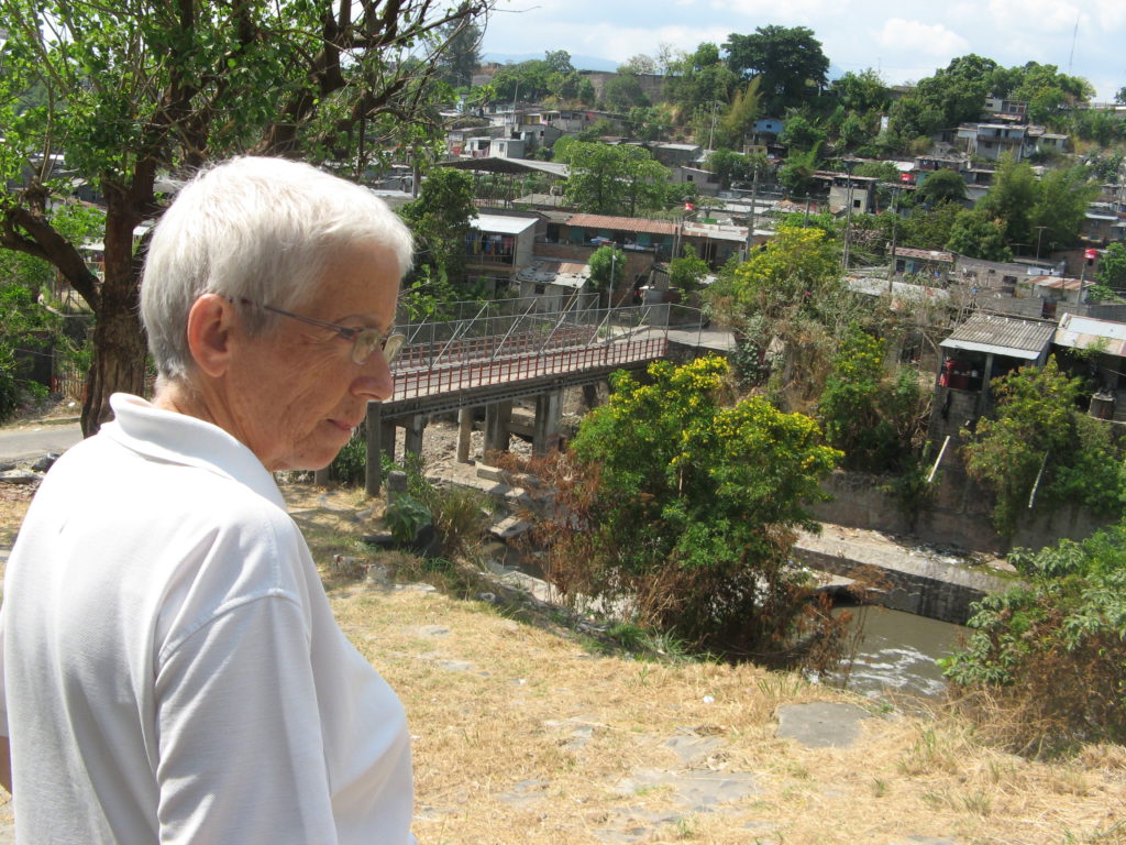 Sr Mark looking out over La Chacra, El Salvador, CAFOD