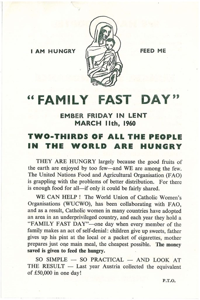 The first CAFOD Fast Day Leaflet in 1960