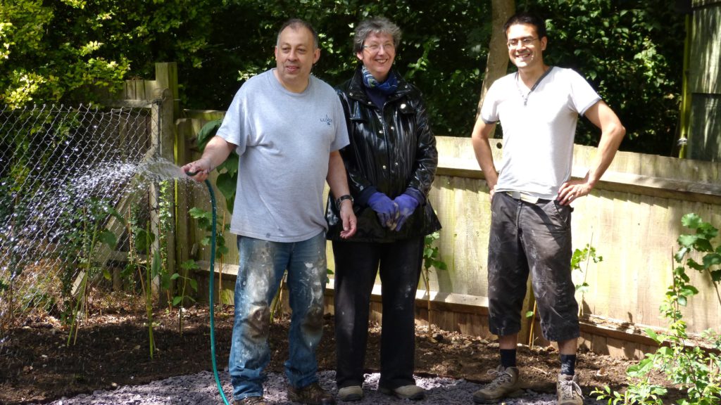 Joe Falzon, Mary Ingledew, Dan Curran in the CAFOD livesimply garden