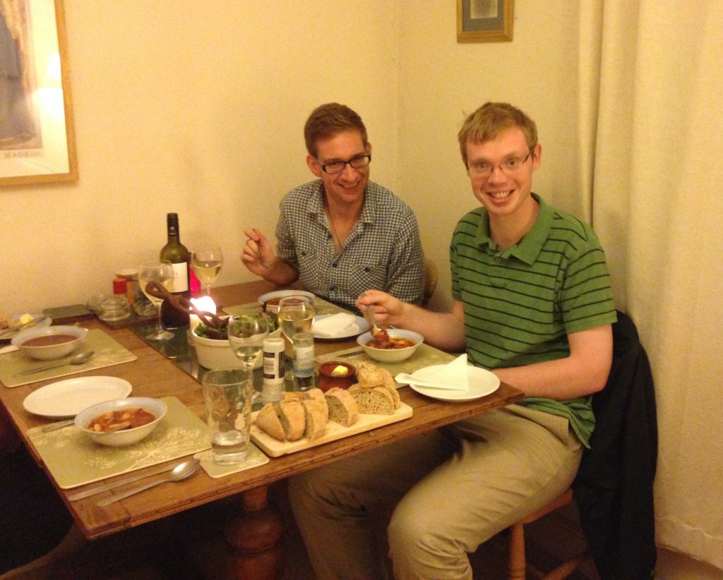 Matthew Sanderson enjoying his homemade Spanish bean and pasta soup