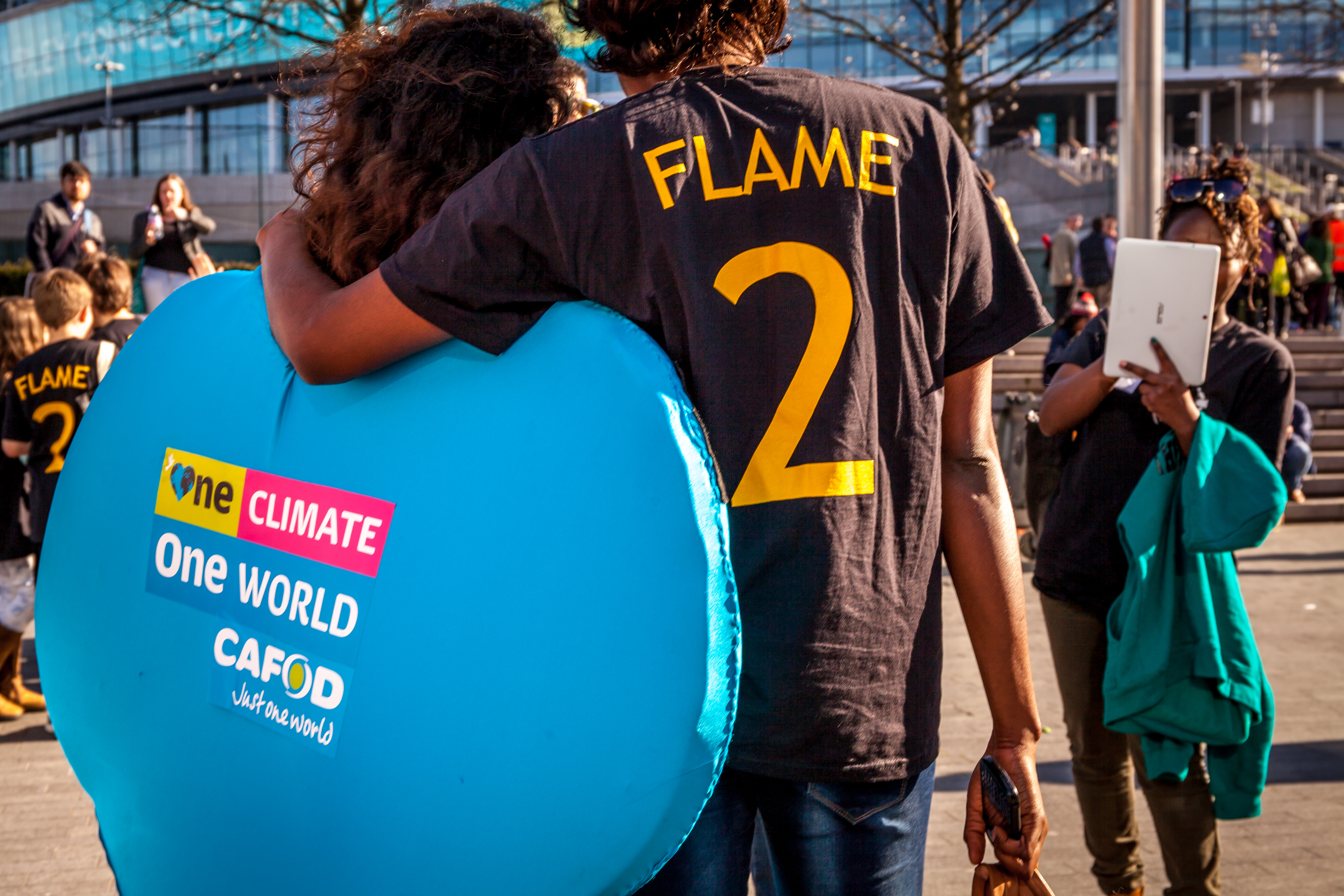 One Climate One World CAFOD heart costume at Flame2 Wembley