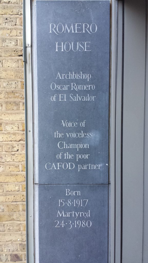 The plaque at the entrance to Romero House, CAFOD’s headquarters