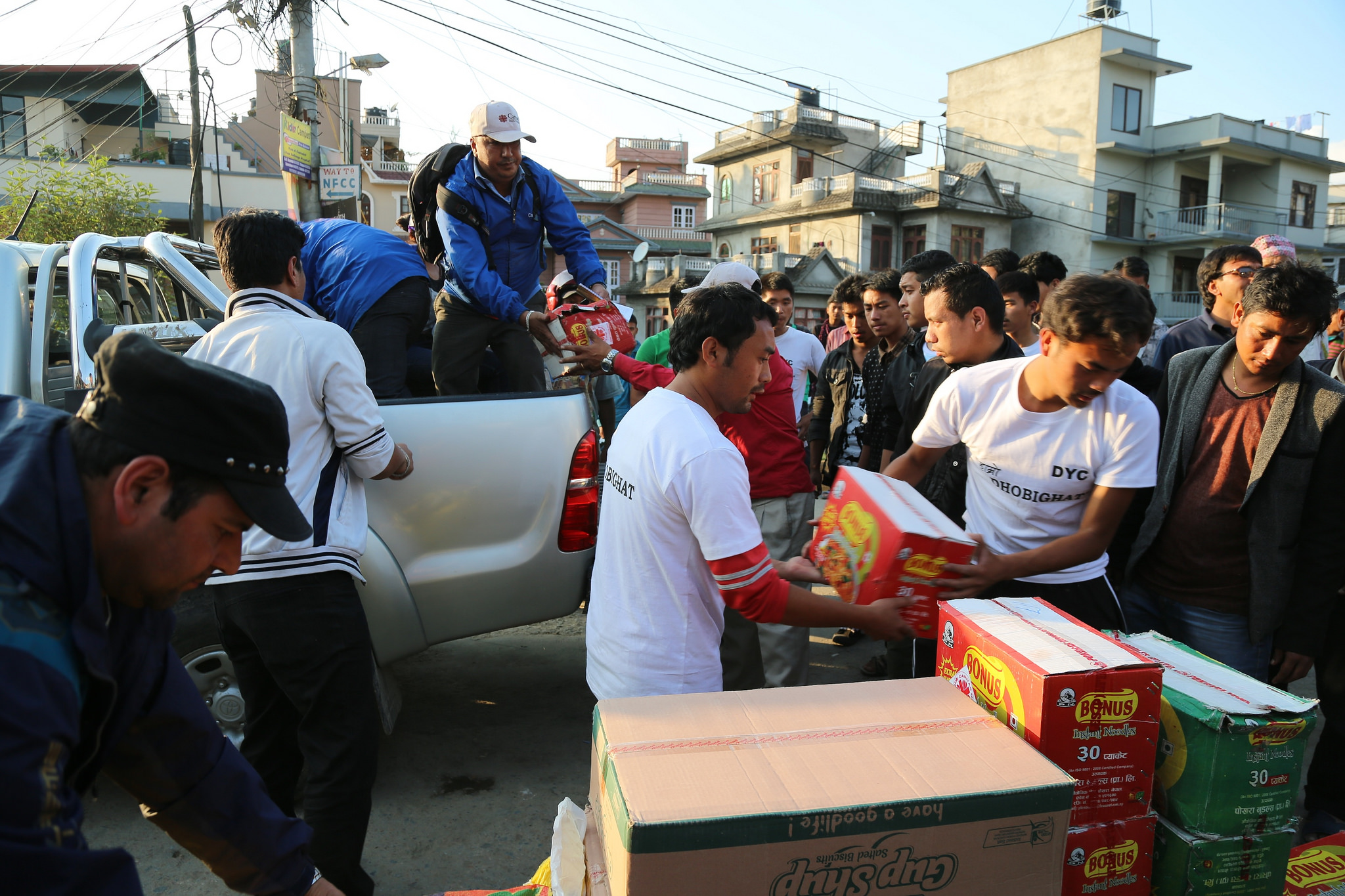 First CAFOD and Caritas distribution site. In the Dhobighat area of Kathmandu