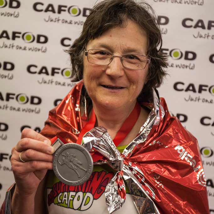 Rosemary after running the London Marathon for CAFOD in 2015