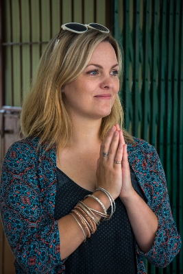 Jo Joyner gives a traditional Nepali greeting