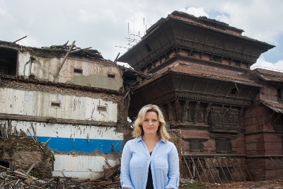 Jo surveys earthquake damage in Durbar Square, Kathmandu