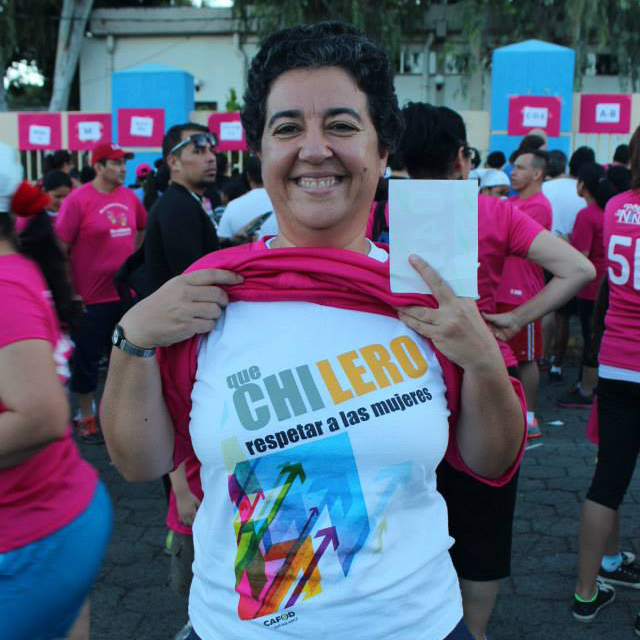 Montse participating in the Plan International Run for Girls Power Campaign in Managua, wearing a T-shirt made by our Guatemalan partner CALDH.