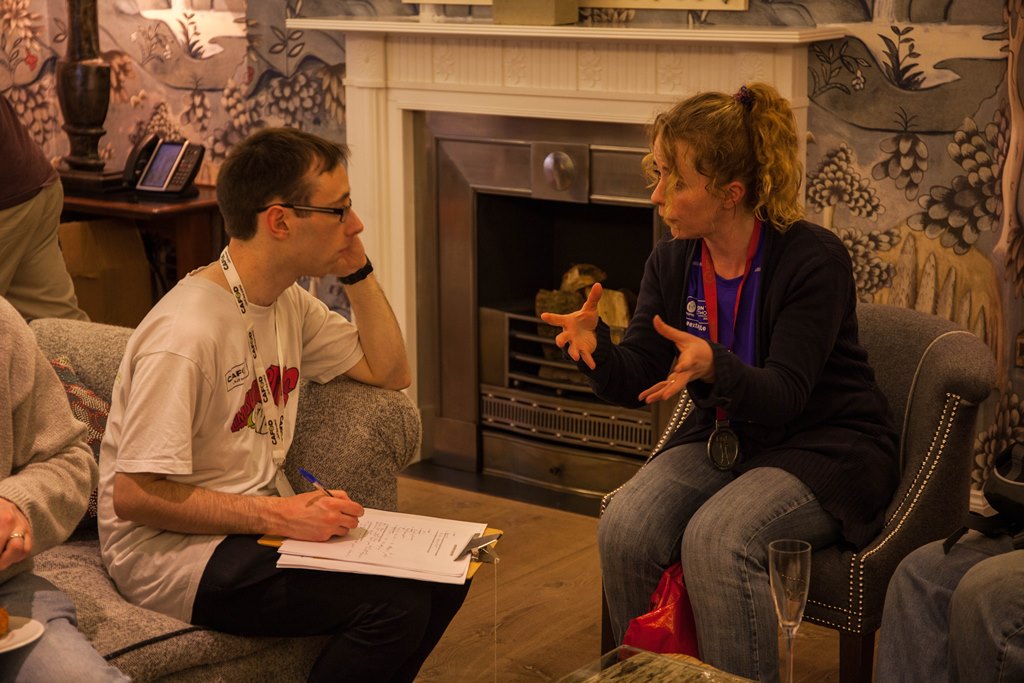 Liam interviewing CAFOD runner Emma at the London Marathon