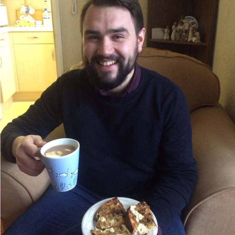 CAFOD's Tom has his first cup of tea since the start of Lent