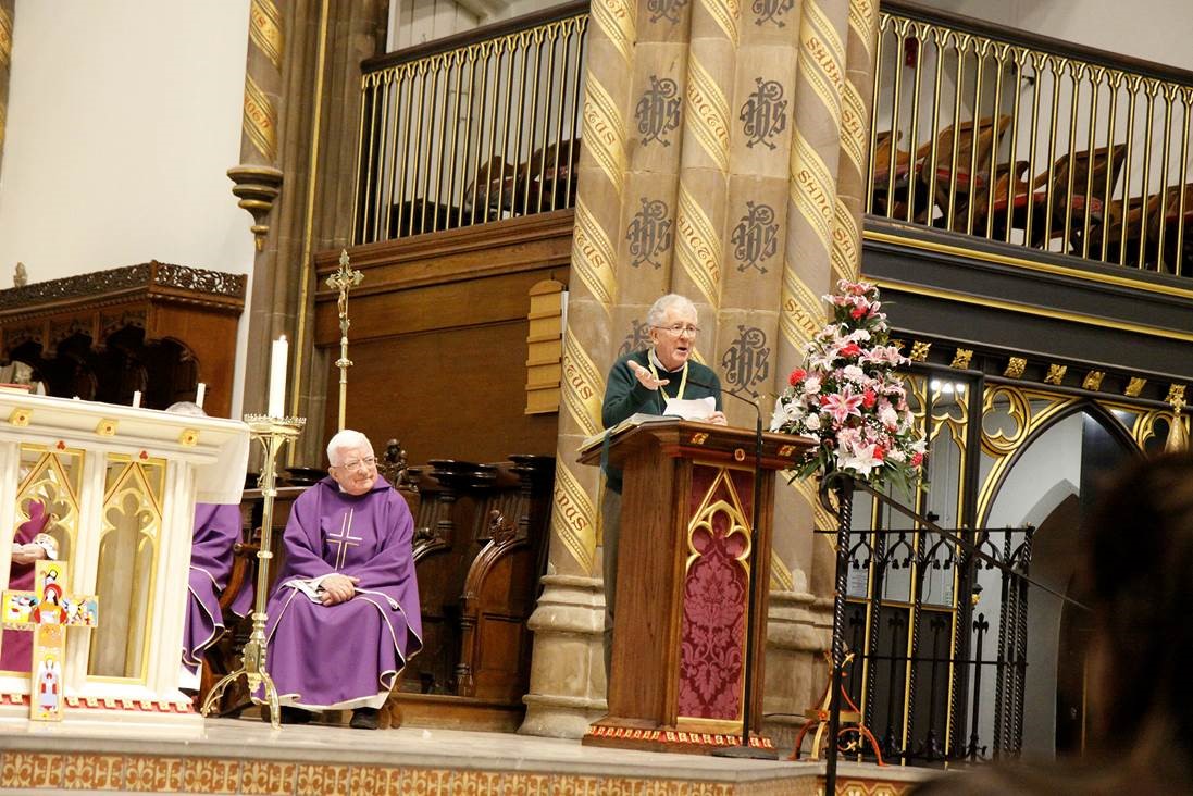 Trevor Stockton speaking at a Romero Mass in St Chad's Cathedral, Birmingham