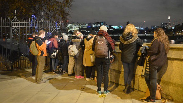 CAFOD Youth leader ambassadors pause by the River Thames on their refugee pilgrimage to reflect on the journeys of those who have been forced to flee their homes.