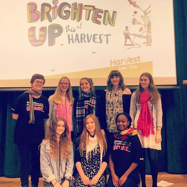 Young leaders from Portsmouth Diocese, spoke up for CAFOD this Harvest by running an assembly in their school. (Emily, front row, centre.)