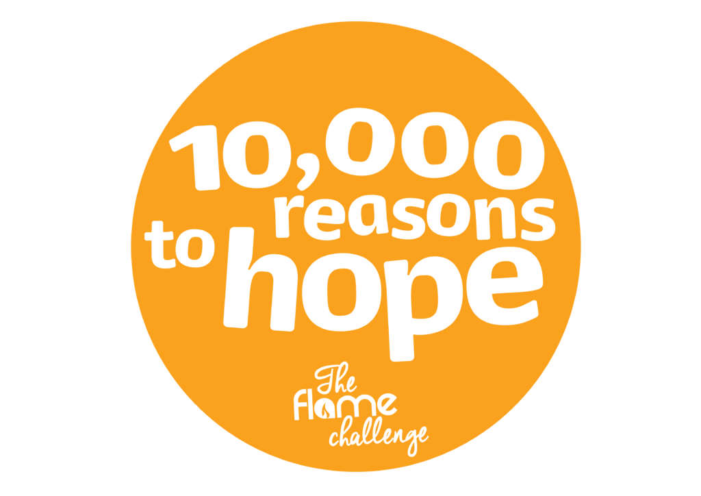 Orange circular logo reading: The Flame Challenge: 10,000 reasons to hope