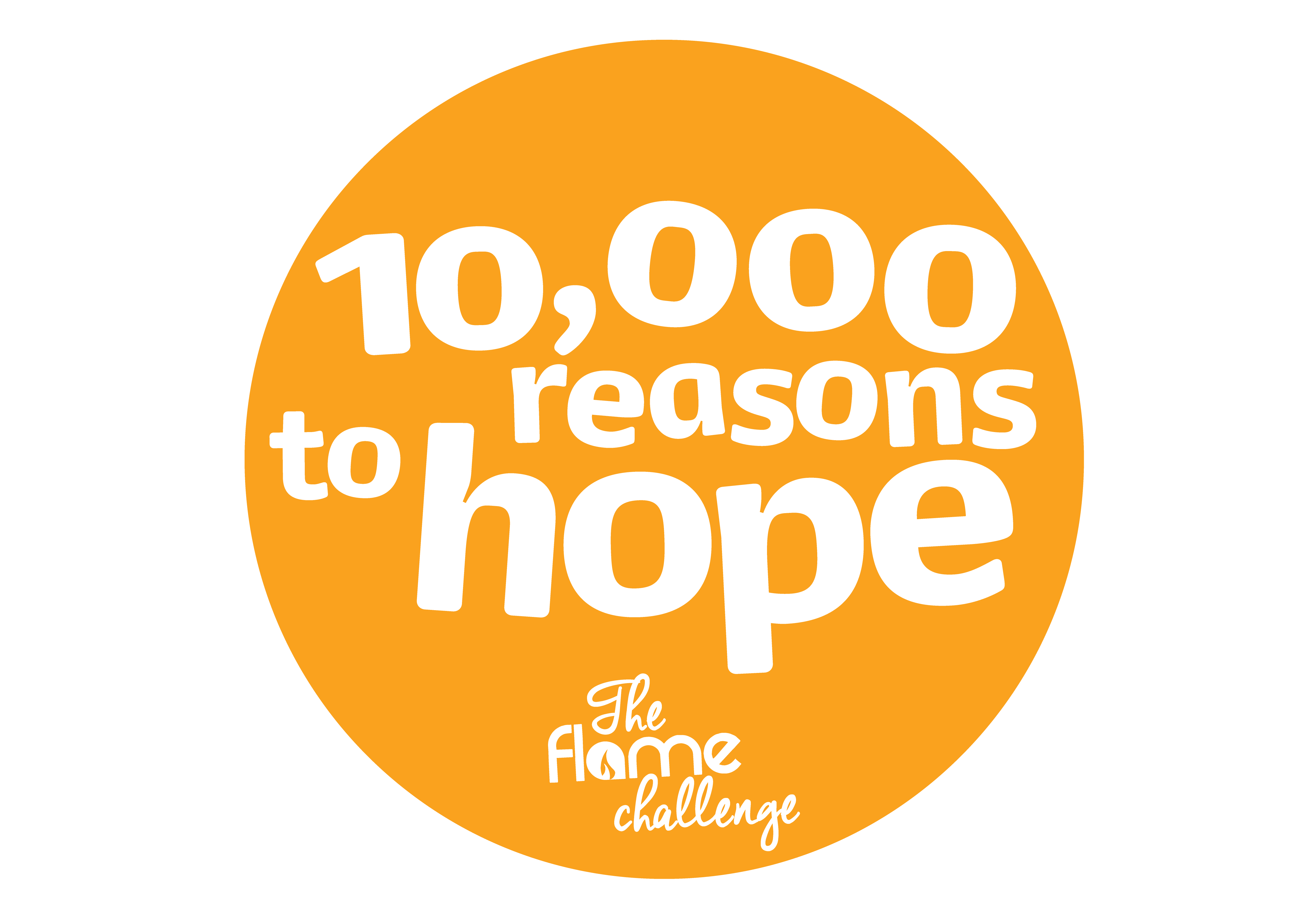 Orange circular logo reading: The Flame Challenge: 10,000 reasons to hope