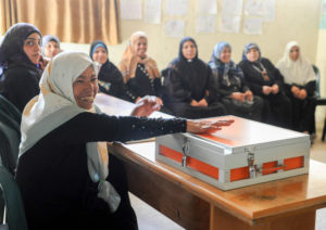 Palestine - Locking up the women's savings group money for safety.