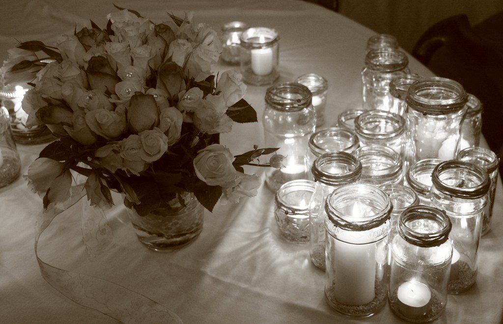 Decorations for the tables at a wedding.