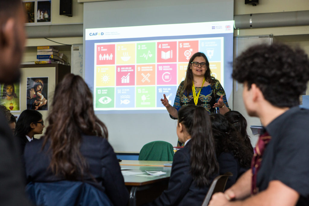 Susan introducing the Sustainable Development Goals to students at Palmer Catholic Academy.