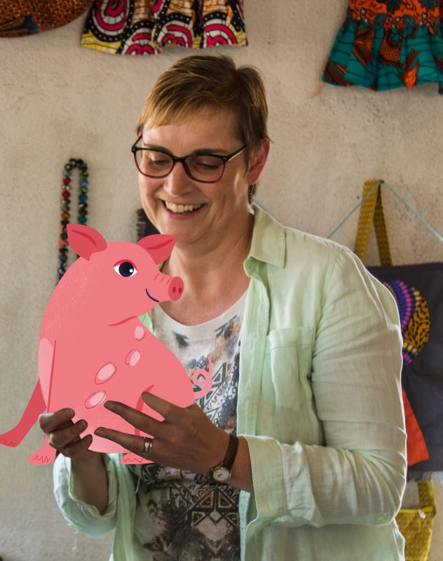 Christine with the Pig that provides illustration