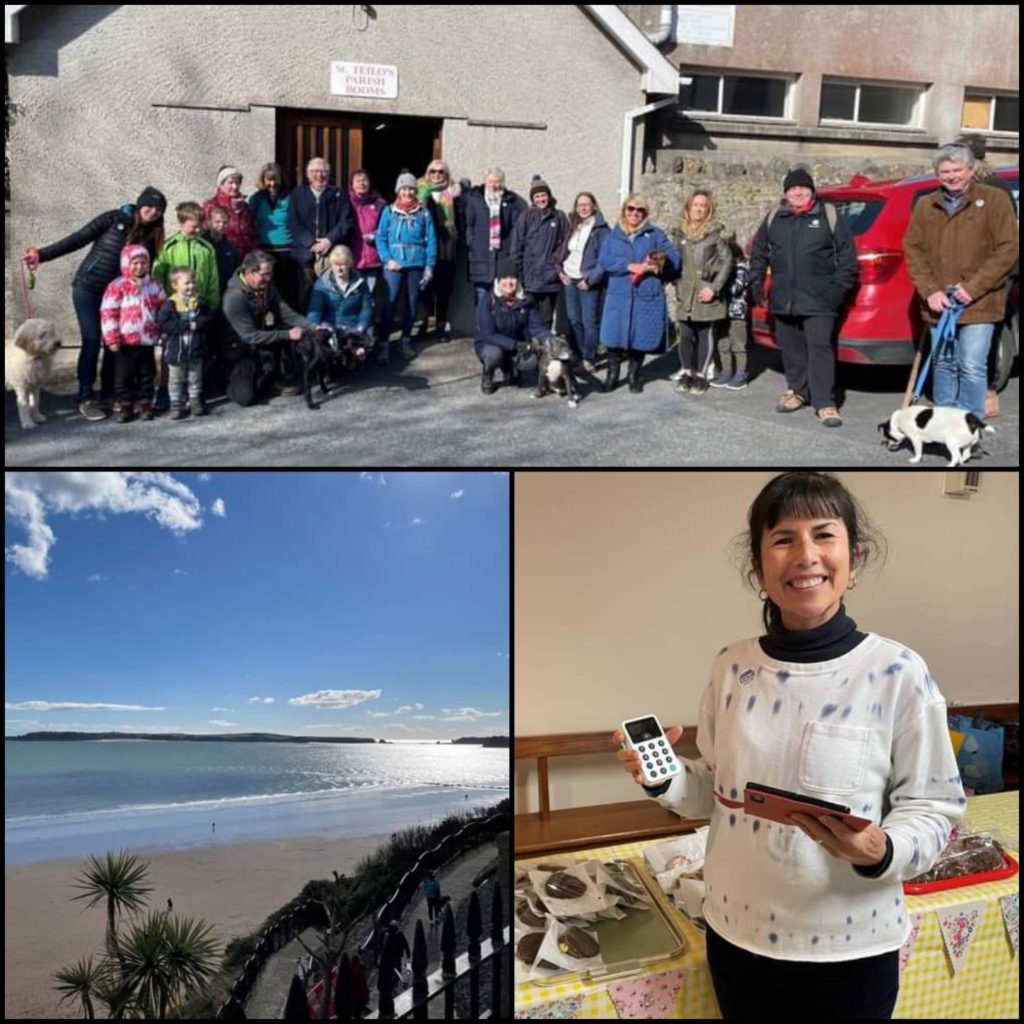 People standing in front of a church hall, a beach, and a lady at a cake sale