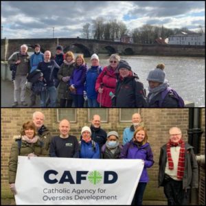 Group of people standing by a river and bridge, and group of people with banner for the charity CAFOD
