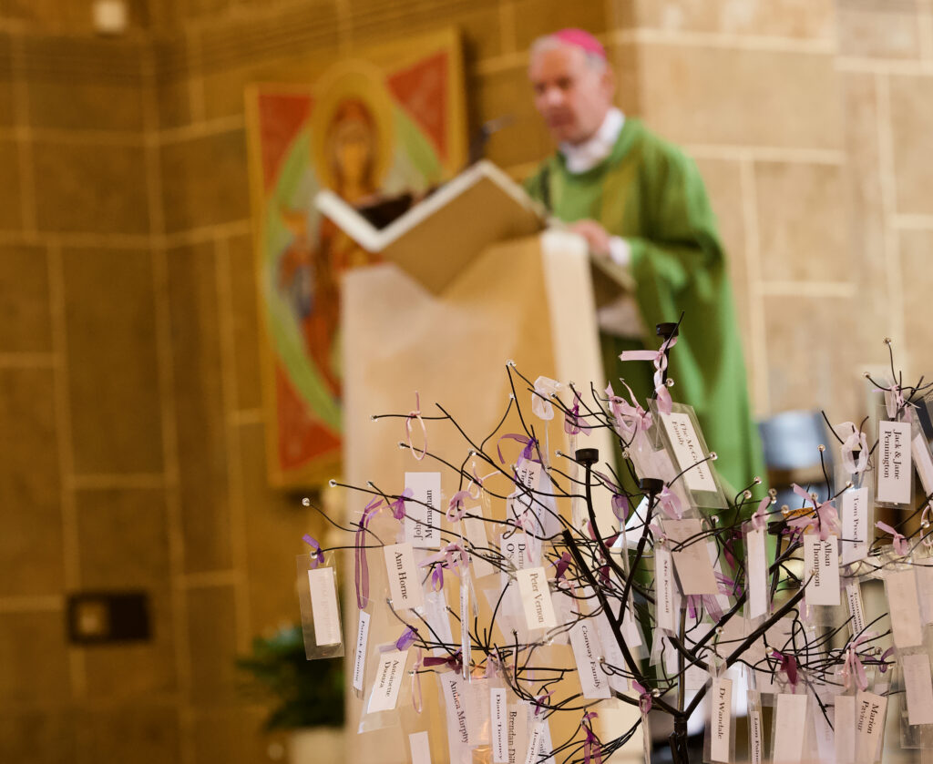 Two memory 'trees' were positioned in front of the altar