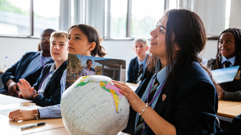 Year 9 students from All Saints school in Sheffield take part in a classroom session with a CAFOD volunteer.