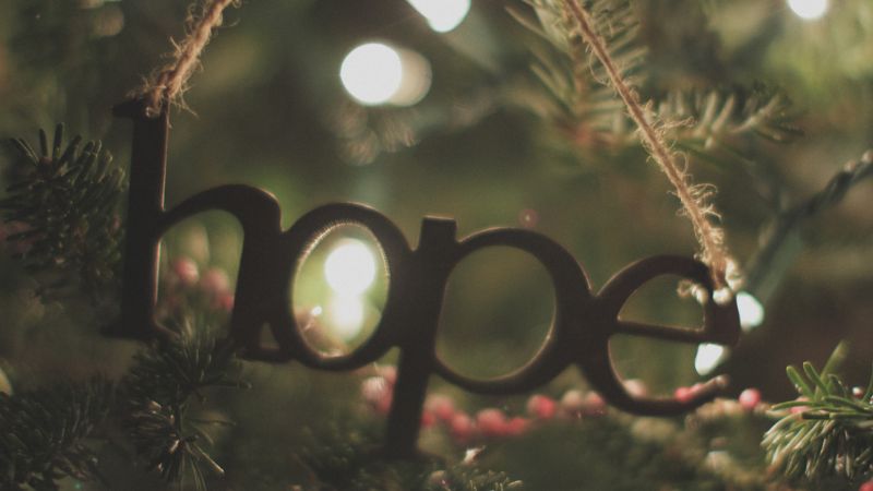 An ornament of the word 'hope' on a Christmas tree